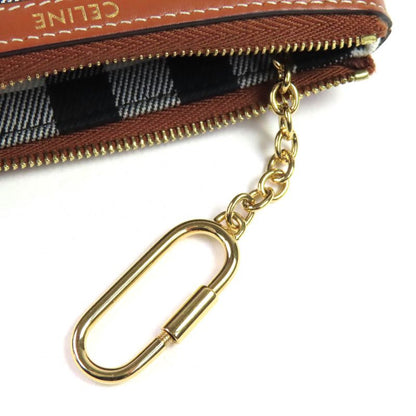 Celine Leather Use Triomphe Checkered Zip Coin Case Coin Purse Brown Black