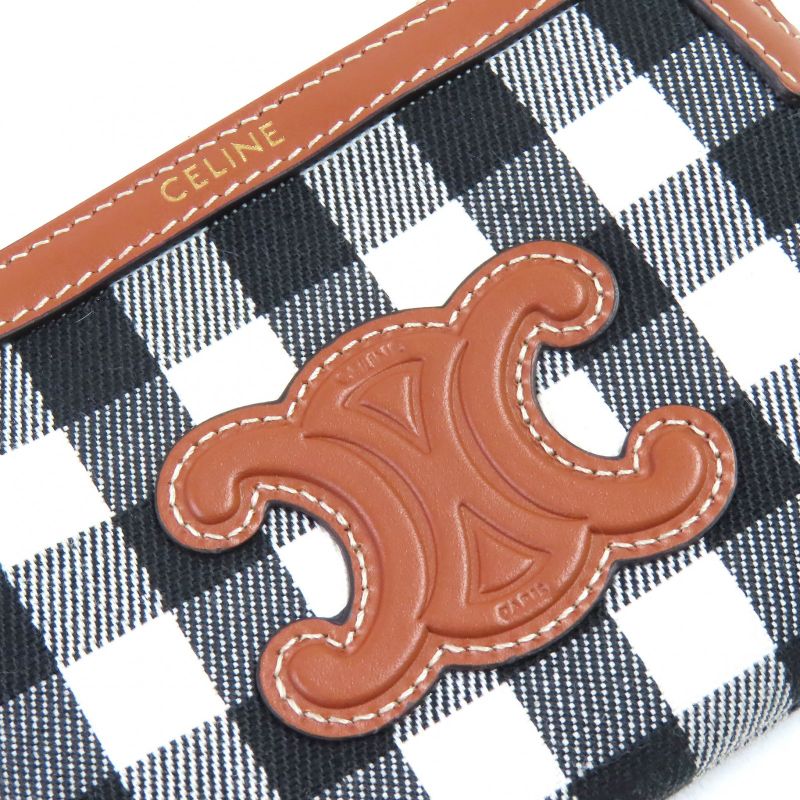 Celine Leather Use Triomphe Checkered Zip Coin Case Coin Purse Brown Black