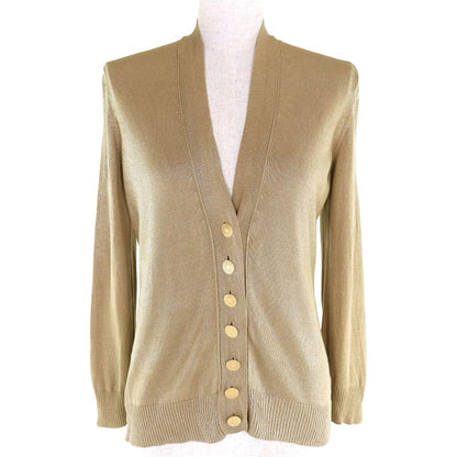 Hermes 100% Silk Serie Button Lamé V-neck Knit Cardigan Beige 38 Made In Italy