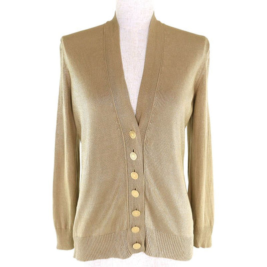 Hermes 100% Silk Serie Button Lamé V-neck Knit Cardigan Beige 38 Made In Italy