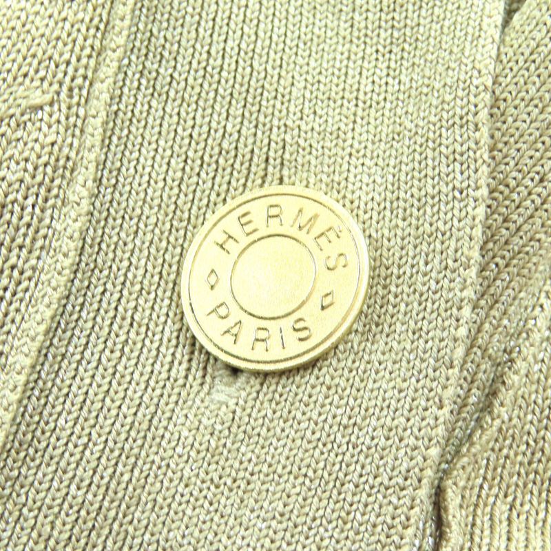 Hermes 100% Silk Serie Button Lamé V-neck Knit Cardigan Beige 38 Made In Italy