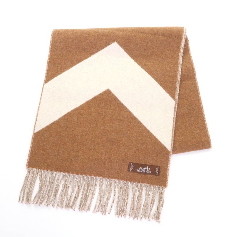 Hermes Cazac Chevron 100% Cashmere Reversible Fringed Scarf Brown White English