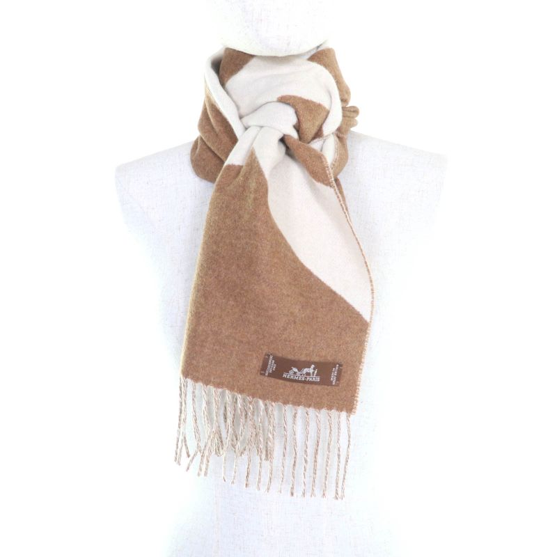 Hermes Cazac Chevron 100% Cashmere Reversible Fringed Scarf Brown White English