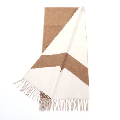 Hermes Cazac Chevron 100% Cashmere Reversible Fringed Scarf Brown White English