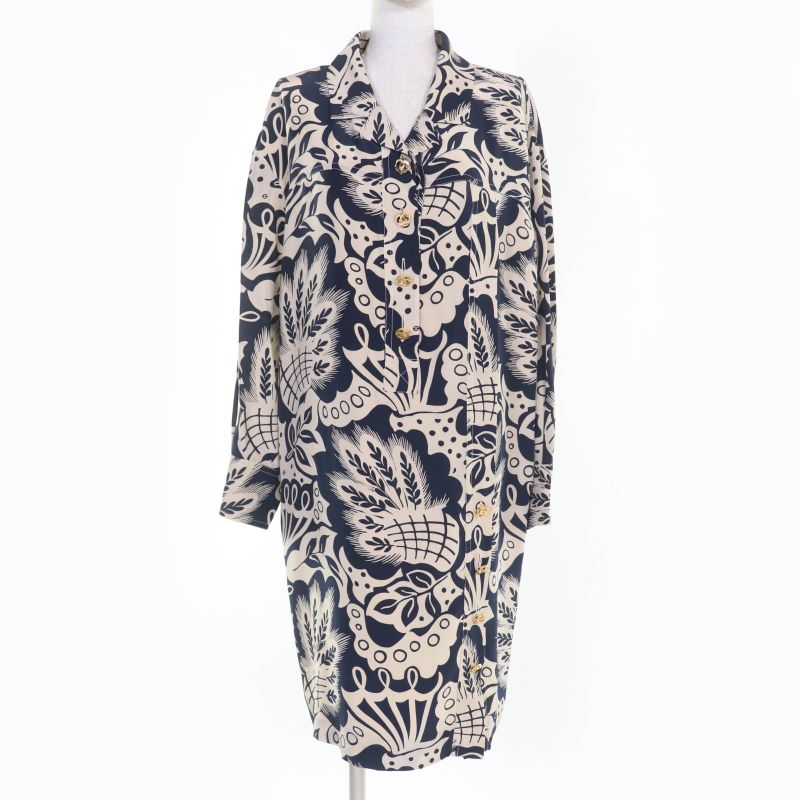 CHANEL Vintage Coco Mark Patterned 90's 100% Silk Long Sleeve Dress Beige