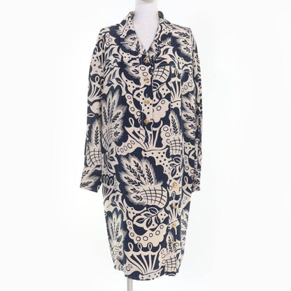 CHANEL Vintage Coco Mark Patterned 90's 100% Silk Long Sleeve Dress Beige