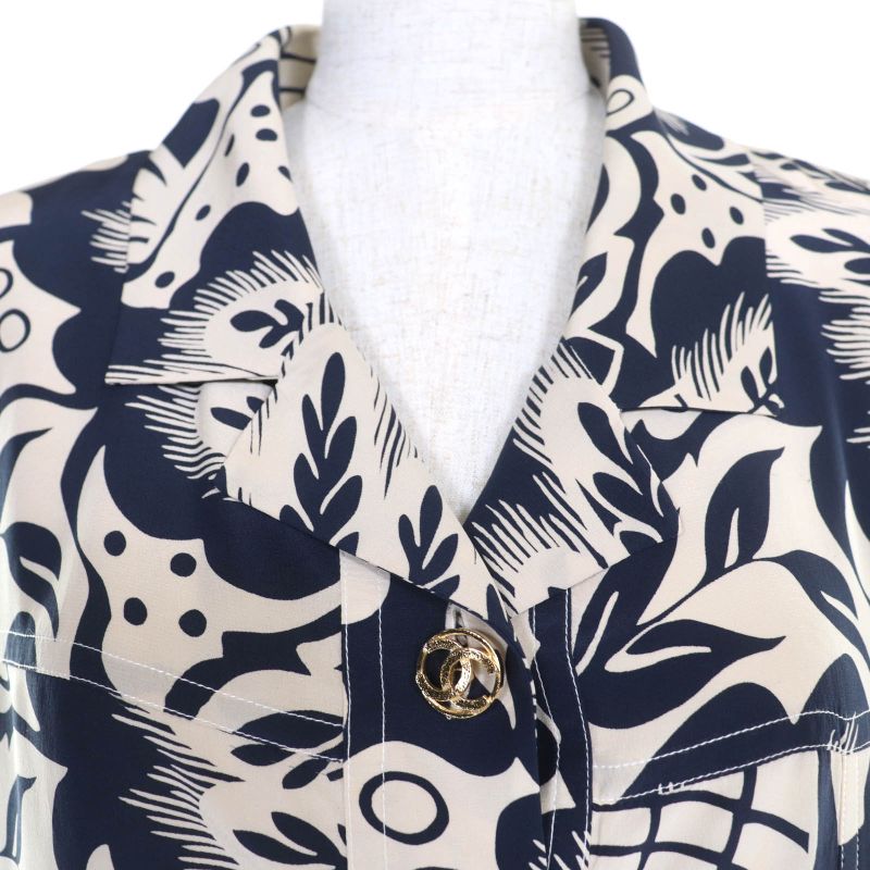 CHANEL Vintage Coco Mark Patterned 90's 100% Silk Long Sleeve Dress Beige