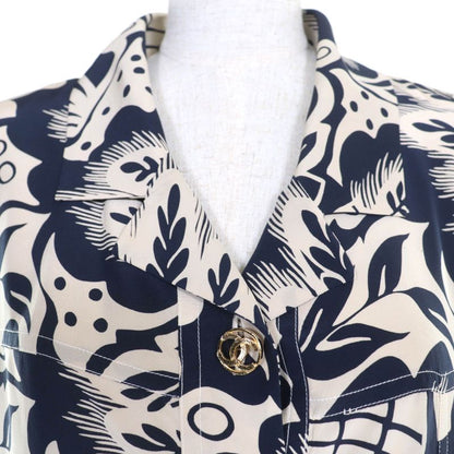 CHANEL Vintage Coco Mark Patterned 90's 100% Silk Long Sleeve Dress Beige