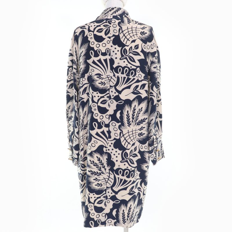 CHANEL Vintage Coco Mark Patterned 90's 100% Silk Long Sleeve Dress Beige