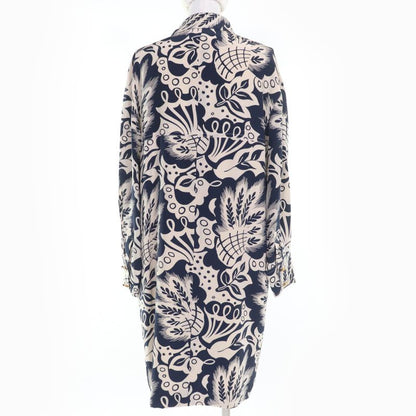 CHANEL Vintage Coco Mark Patterned 90's 100% Silk Long Sleeve Dress Beige