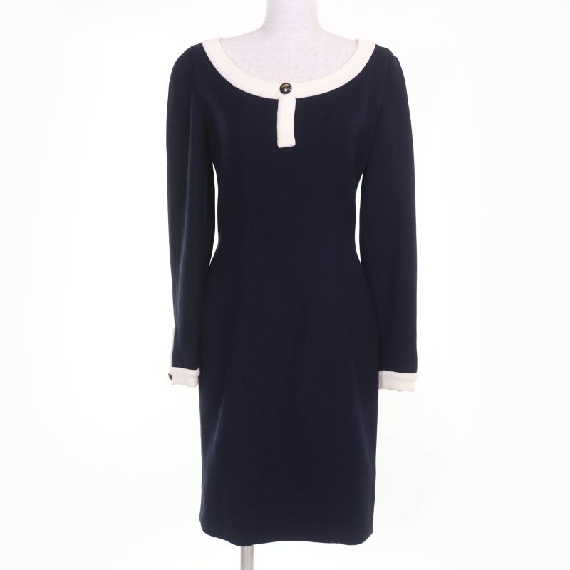 CHANEL Vintage 100% Cotton 90's Coco Mark Button Long Sleeve Knit Dress