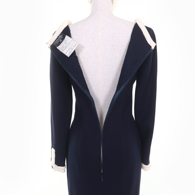 CHANEL Vintage 100% Cotton 90's Coco Mark Button Long Sleeve Knit Dress