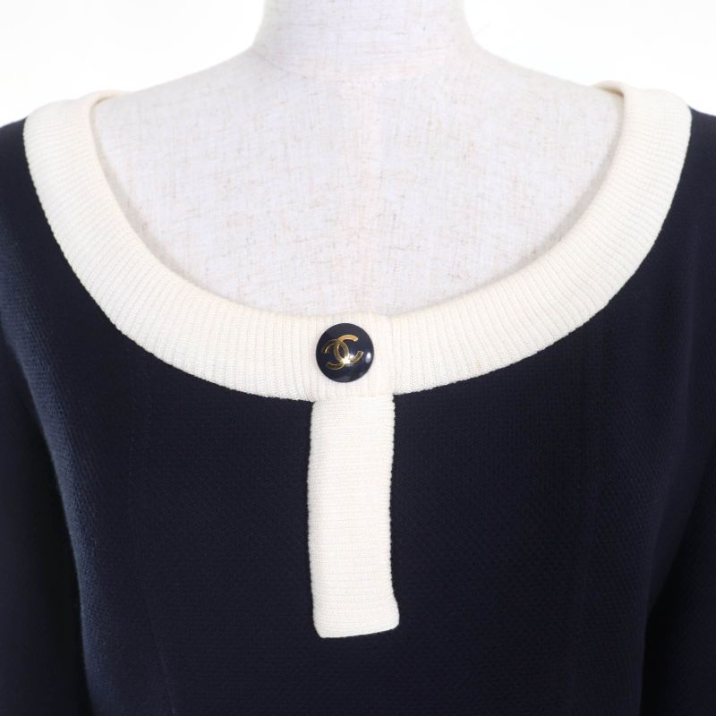 CHANEL Vintage 100% Cotton 90's Coco Mark Button Long Sleeve Knit Dress