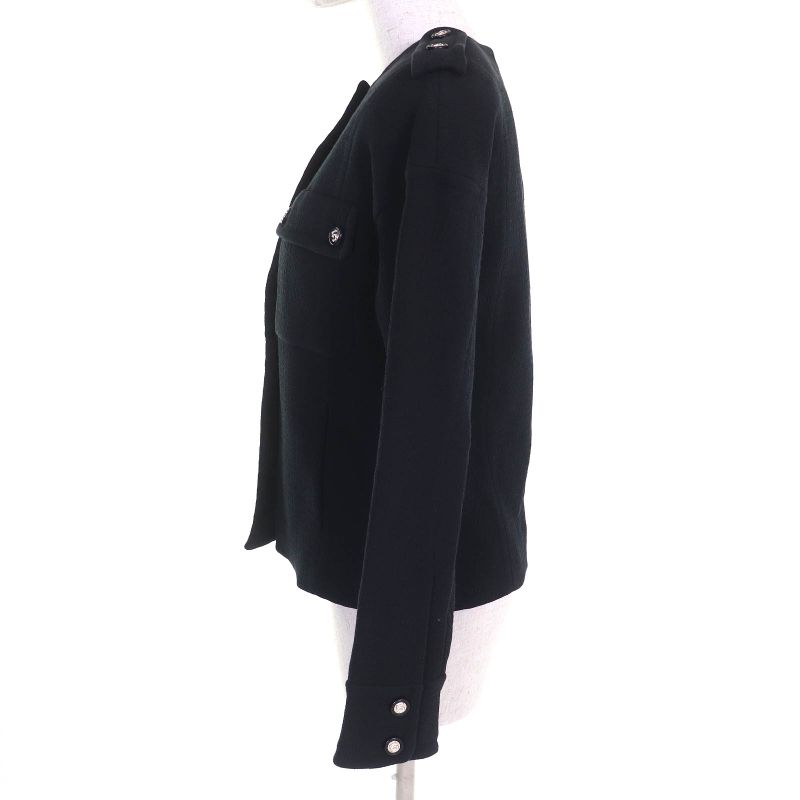 CHANEL 21S P70545 Cotton Number Ring Button Collarless Jacket Black 34 Made In