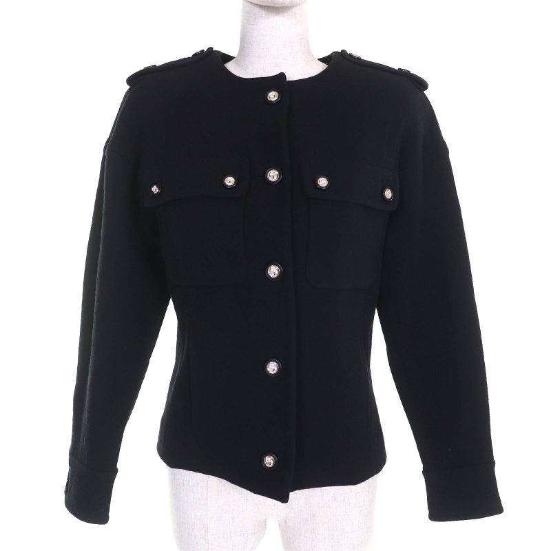 CHANEL 21S P70545 Cotton Number Ring Button Collarless Jacket Black 34 Made In