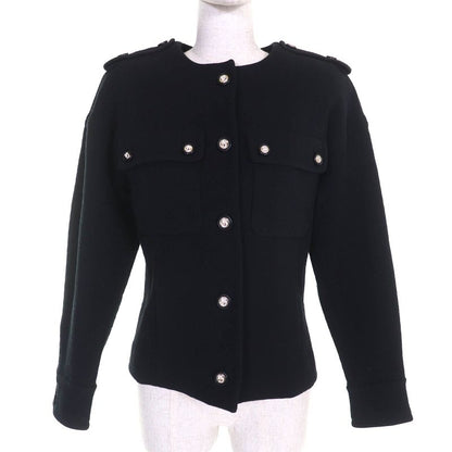 CHANEL 21S P70545 Cotton Number Ring Button Collarless Jacket Black 34 Made In