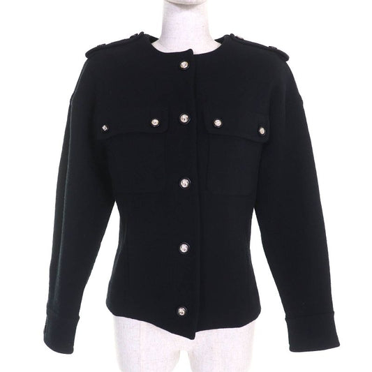CHANEL 21S P70545 Cotton Number Ring Button Collarless Jacket Black 34 Made In
