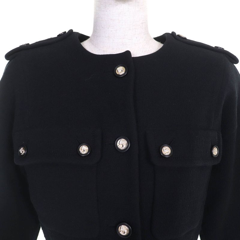 CHANEL 21S P70545 Cotton Number Ring Button Collarless Jacket Black 34 Made In