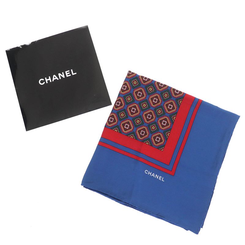 CHANEL Vintage 100% Silk Logo Total Print Carré 140 Size Scarf Blue Red Made In