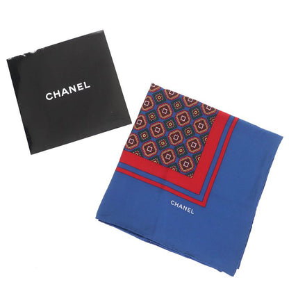 CHANEL Vintage 100% Silk Logo Total Print Carré 140 Size Scarf Blue Red Made In