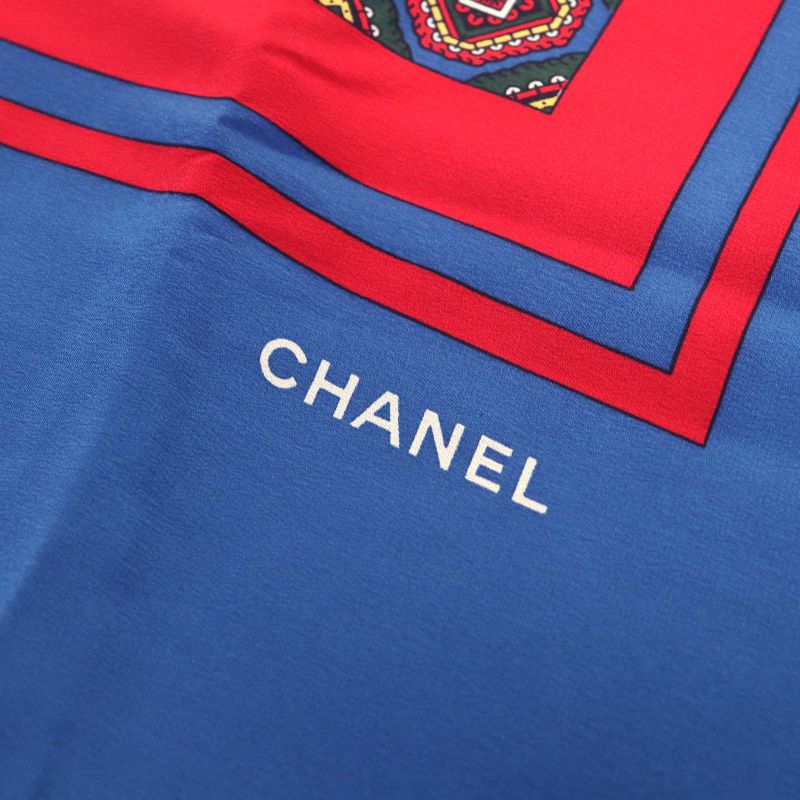 CHANEL Vintage 100% Silk Logo Total Print Carré 140 Size Scarf Blue Red Made In