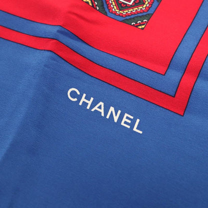 CHANEL Vintage 100% Silk Logo Total Print Carré 140 Size Scarf Blue Red Made In