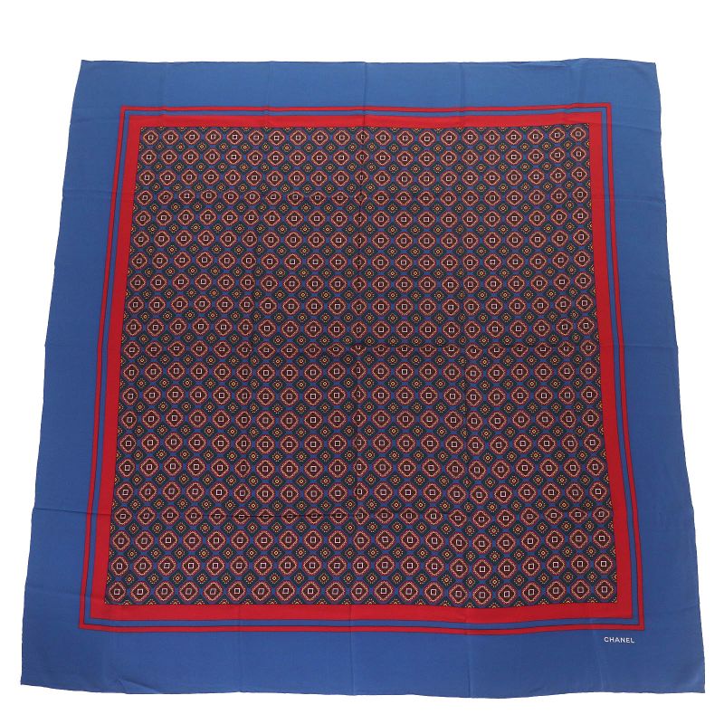 CHANEL Vintage 100% Silk Logo Total Print Carré 140 Size Scarf Blue Red Made In