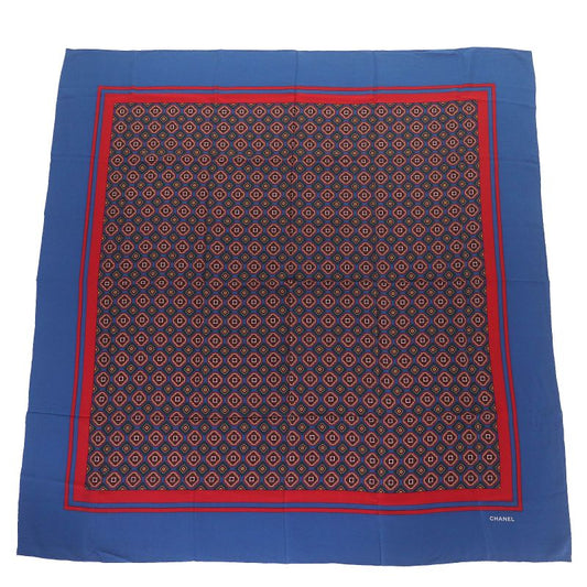 CHANEL Vintage 100% Silk Logo Total Print Carré 140 Size Scarf Blue Red Made In