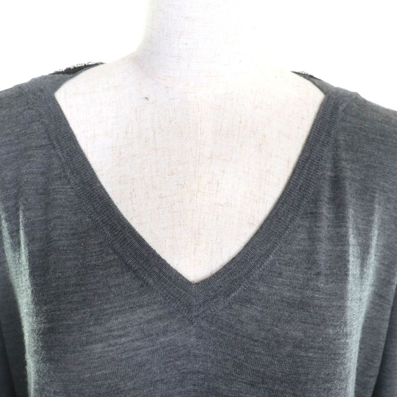 Prada P24q0u 100% Wool Back Ribbon With Rhinestones V-neck Long Sleeves Knit