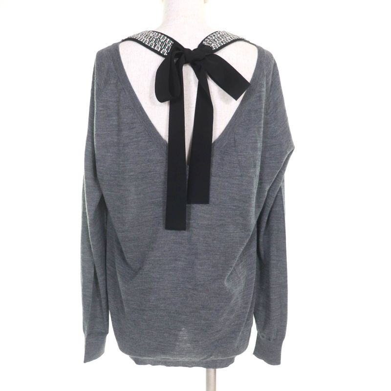 Prada P24q0u 100% Wool Back Ribbon With Rhinestones V-neck Long Sleeves Knit