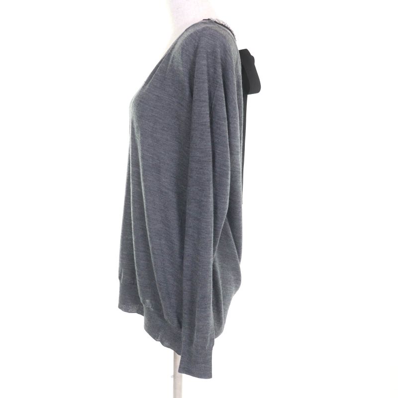 Prada P24q0u 100% Wool Back Ribbon With Rhinestones V-neck Long Sleeves Knit