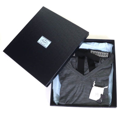 Prada P24q0u 100% Wool Back Ribbon With Rhinestones V-neck Long Sleeves Knit