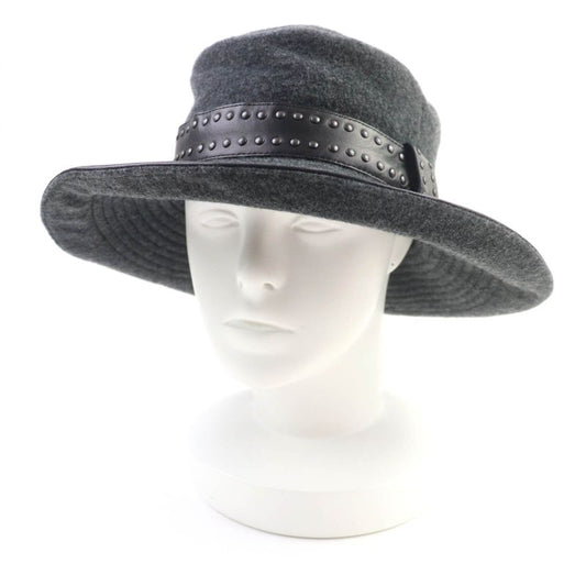 Hermes 100% Cashmere Leather Trimmed Studded Hat Grey Black 57 With Box Made In