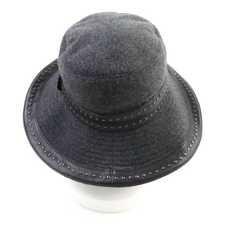 Hermes 100% Cashmere Leather Trimmed Studded Hat Grey Black 57 With Box Made In