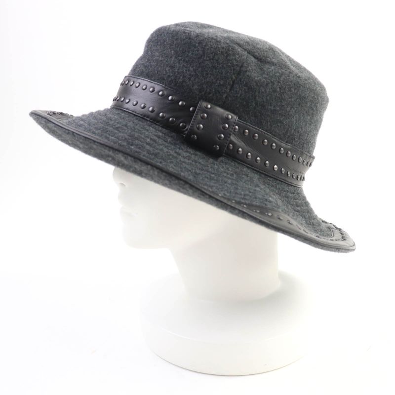 Hermes 100% Cashmere Leather Trimmed Studded Hat Grey Black 57 With Box Made In