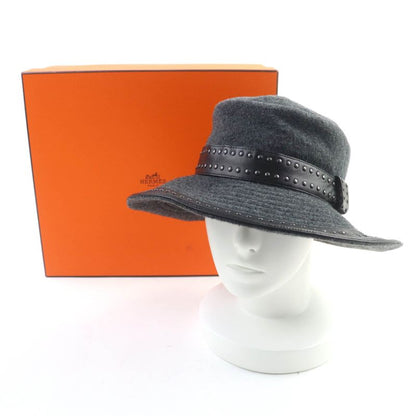 Hermes 100% Cashmere Leather Trimmed Studded Hat Grey Black 57 With Box Made In