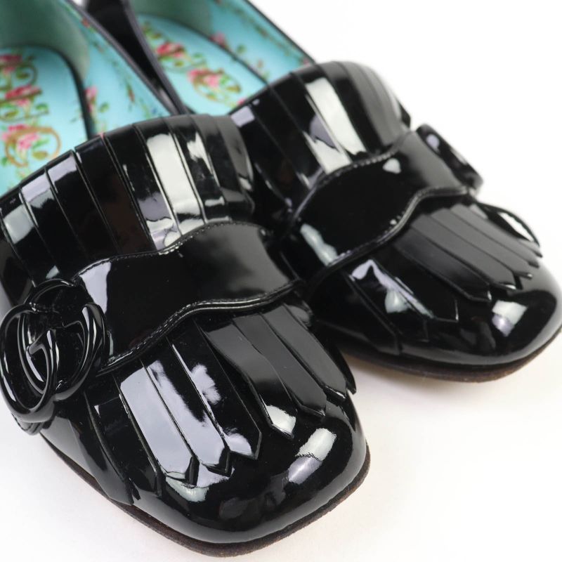 Gucci 474510 GG Marmont Quilted Patent Leather Pumps Black 36.5 With Box Made