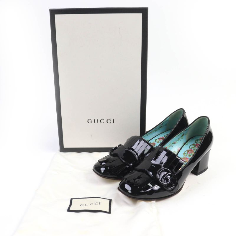 Gucci 474510 GG Marmont Quilted Patent Leather Pumps Black 36.5 With Box Made