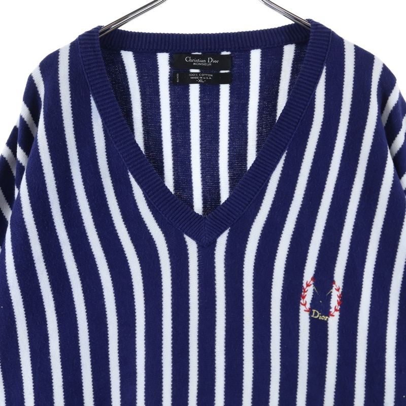 Christian Dior V-neck Striped Knitted Sweater Blue/white