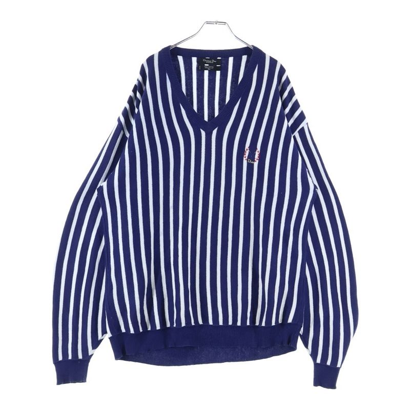 Christian Dior V-neck Striped Knitted Sweater Blue/white