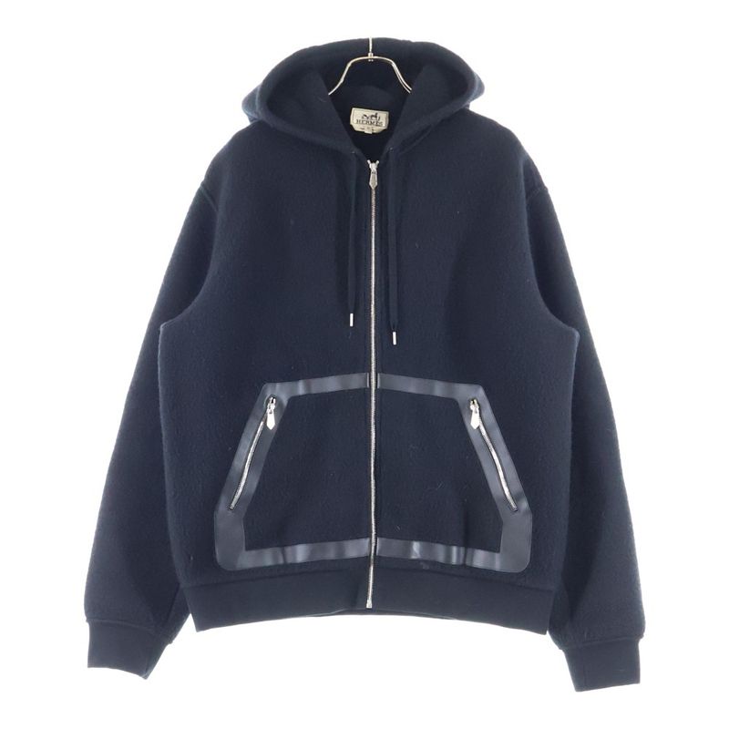 Hermes 22AW Leather Piping Cashmere Zip-up Hooded Jacket Black