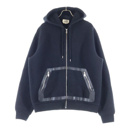 Hermes 22AW Leather Piping Cashmere Zip-up Hooded Jacket Black