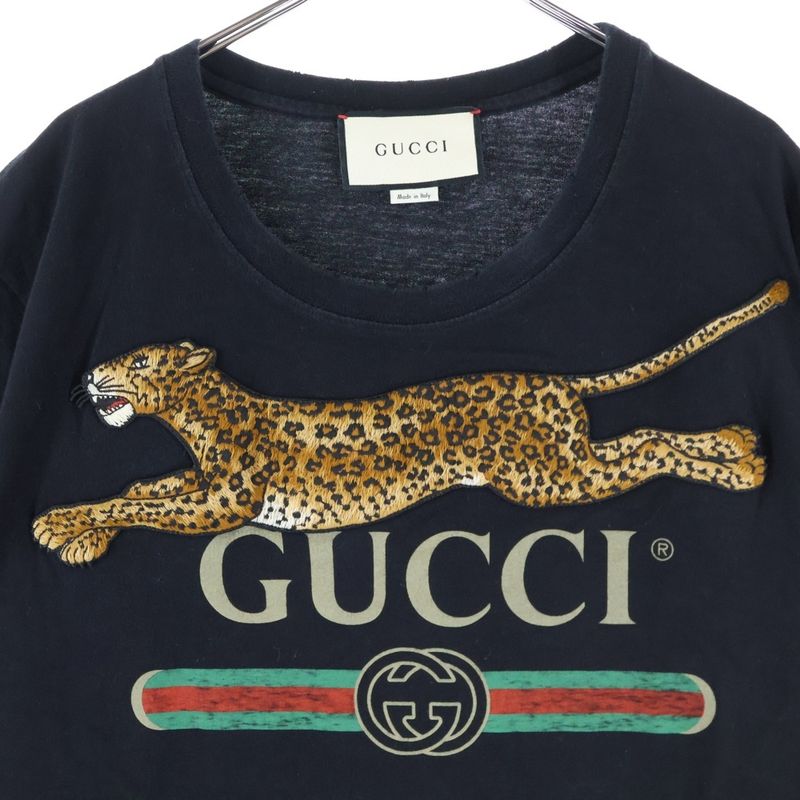 Gucci Panther Embroidered Logo Print Crew Neck Short Sleeve T-shirt Cut And