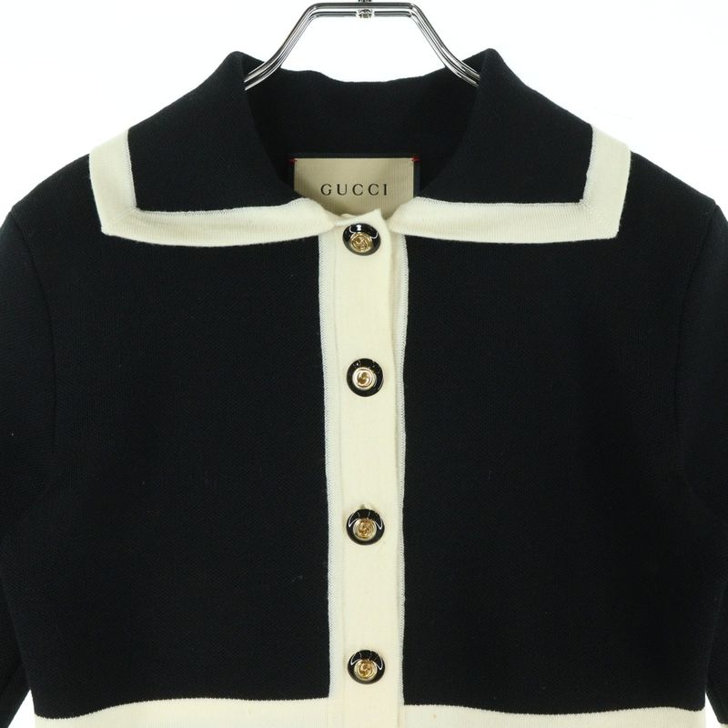 Gucci GG Pique Logo Embroidered Wool Knit Contrast Trim Dress Black Women 681306