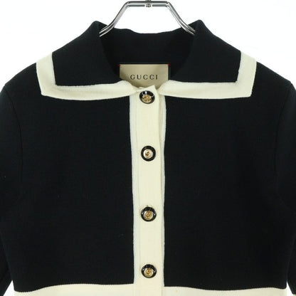 Gucci GG Pique Logo Embroidered Wool Knit Contrast Trim Dress Black Women 681306