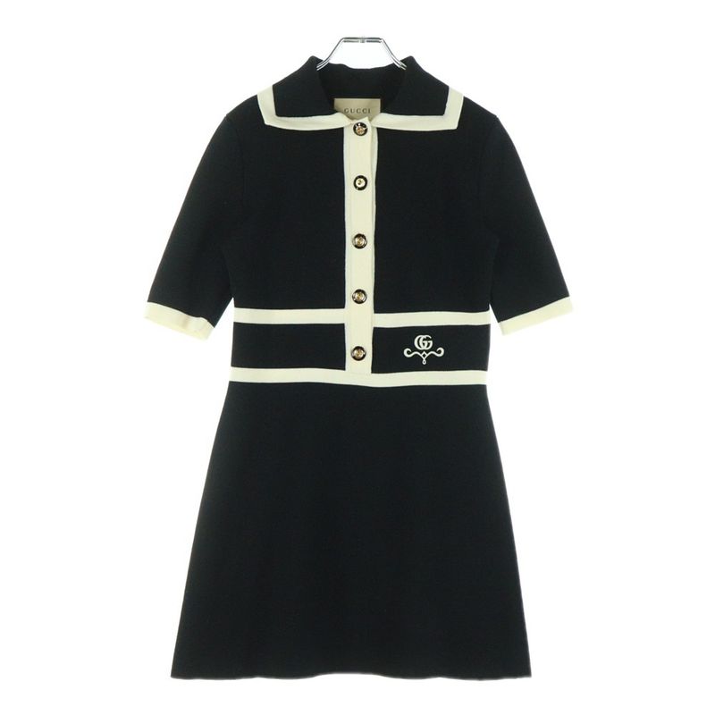 Gucci GG Pique Logo Embroidered Wool Knit Contrast Trim Dress Black Women 681306