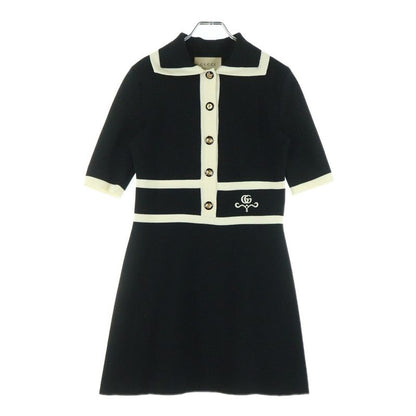 Gucci GG Pique Logo Embroidered Wool Knit Contrast Trim Dress Black Women 681306