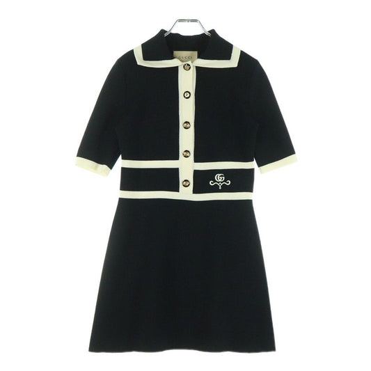 Gucci GG Pique Logo Embroidered Wool Knit Contrast Trim Dress Black Women 681306