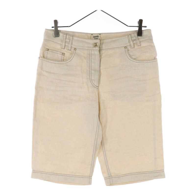 Hermes Medor Button H Belt Loop Denim Half Pants Cream