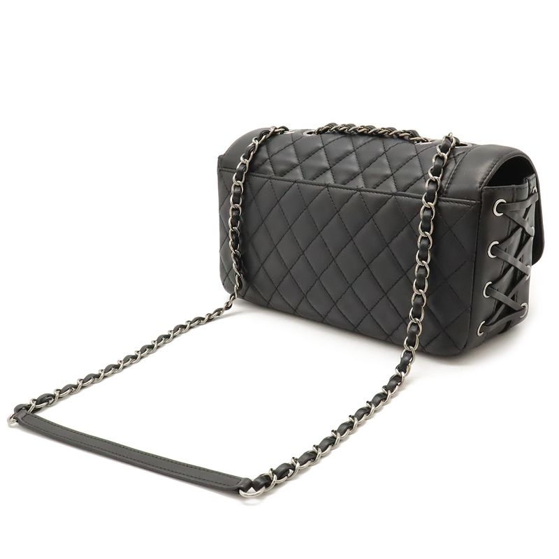 Chanel Matelasse Coco Mark Chain Shoulder Bag Lace Up Braided Leather Black